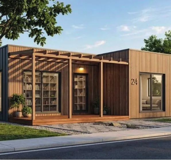 LINEA 75 – Single-storey home with flat roof and terrace under a wooden pergola.